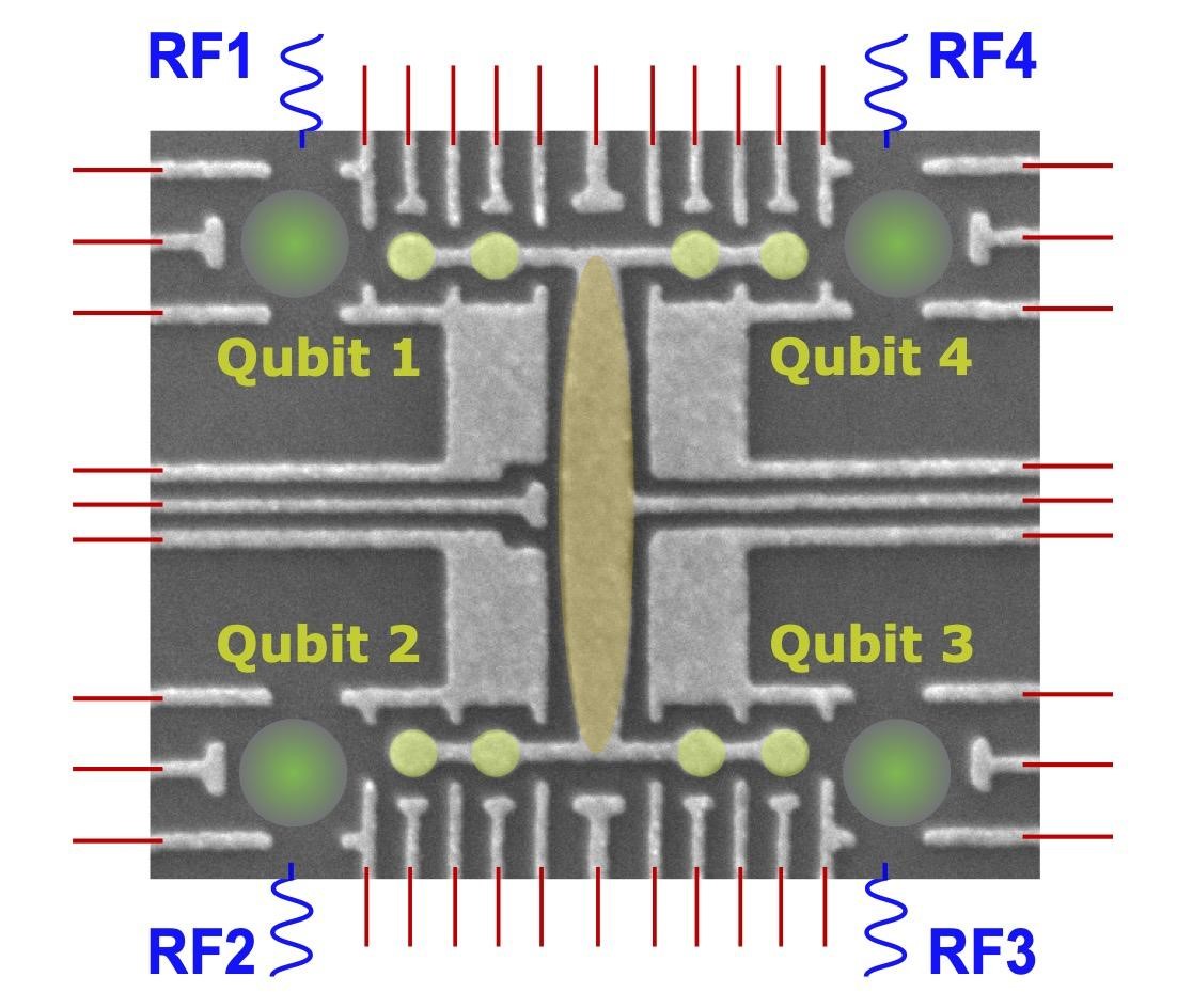 Example of a spin-qubit circuit implemented in gallium-arsenide (GaAs) comprising 13 quantum dots [9]. Each of the 8 quantum dots marked by a yellow circle can be occupied by a single electron, by appropriate application of gate voltages (red lines). Four larger quantum dots (green circles) serve as sensor dots that are read out by radio-frequency reflectometry (blue lines) [10]. The elongated quantum dot in the center (orange) serves as a quantum mediator [11]. The simplest encoding of one qubit are the two spin states of a single electron [1]. Another encoding uses the spin singlet and (unpolarized) spin triplet state of a two-electron double dot, which can be used to detect with great sensitivity the dynamics of nuclear spins in the GaAs crystal [2, 3]. Triple-dot encodings allow universal single-qubit rotations using only gate-voltage pulses, including the use of symmetry points that potentially prolong qubit coherence [12]. Quantum-dot networks programmed by gate voltages are fantastic devices to study a range of questions in condensed matter physics, as they can be re-configured in situ to enable different functionalities.   